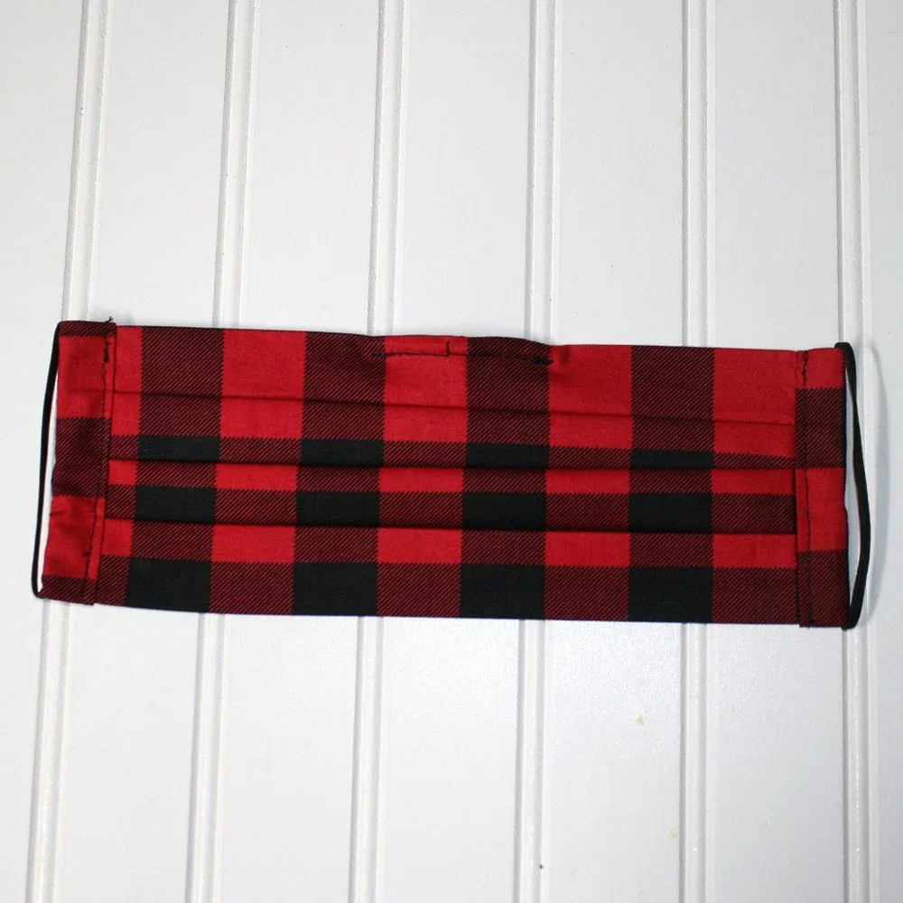 HAND CRAFTED Face Mask Plaid Red Black Buffalo Adult Cloth Fabric Print - Pocket